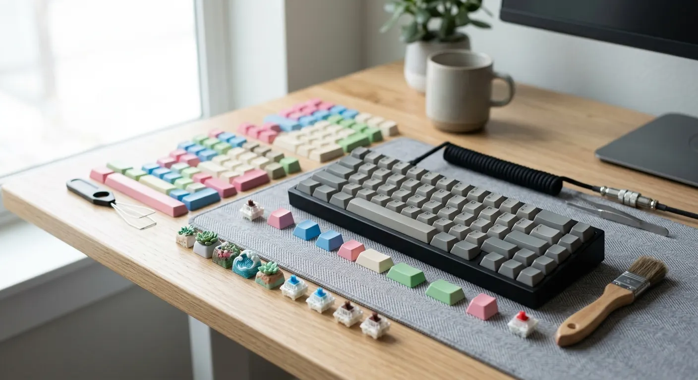 Affordable mechanical keyboard accessories and keycaps on a desk