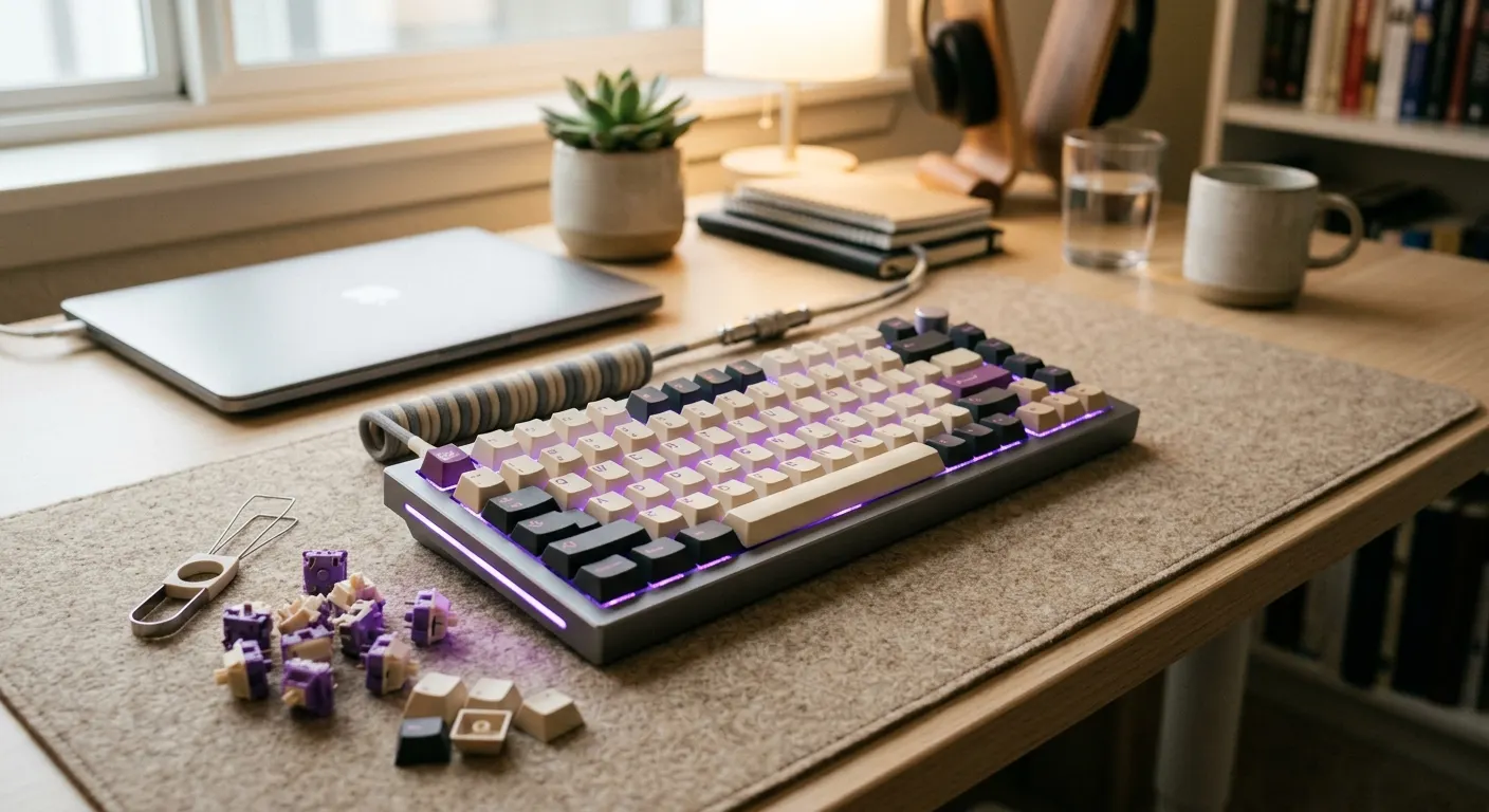 Custom mechanical keyboard with violet backlit keycaps on a tidy enthusiast desk